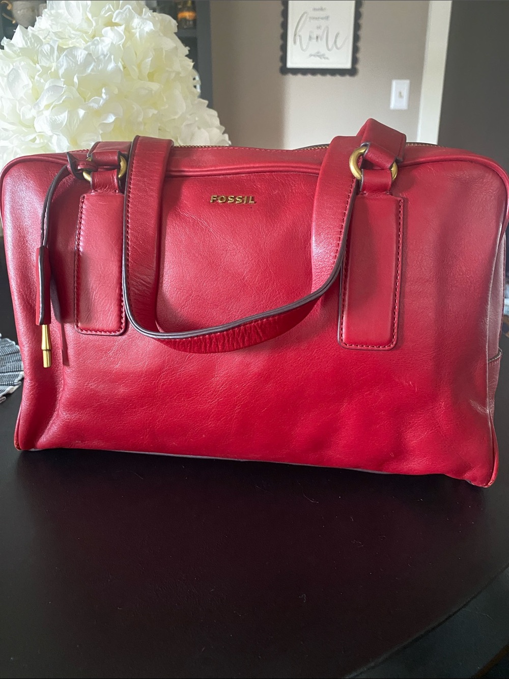 Fossil Red Leather Satchel with Gold Hardware